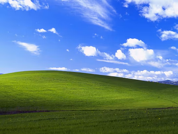 The Windows XP default wallpaper: a smooth green hill filling the lower third of the frame under a blue sky with scattered white cloud.