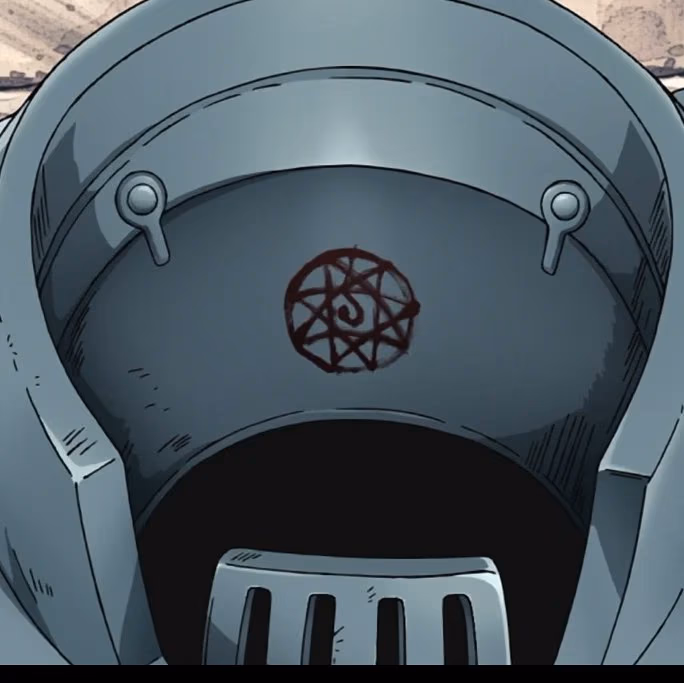 Looking into the empty inside of a suit of armour: a small blood seal — a circle enclosing a five-pointed star around a spiral — brushed in dark red on the pale grey metal, with the hollow of the neck below it.