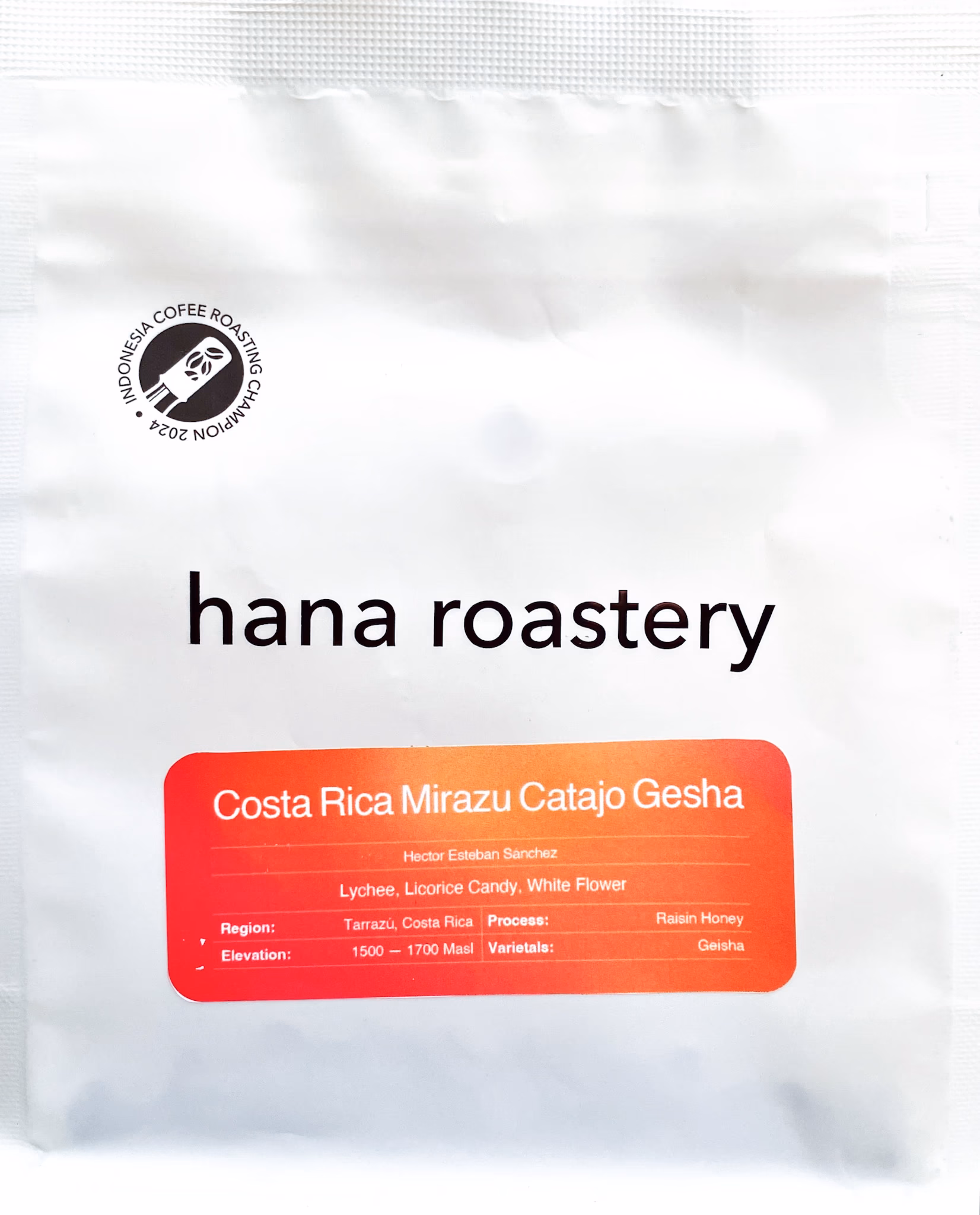 Bag of Costa Rica Mirazu Catajo Gesha beans roasted by hana roastery.