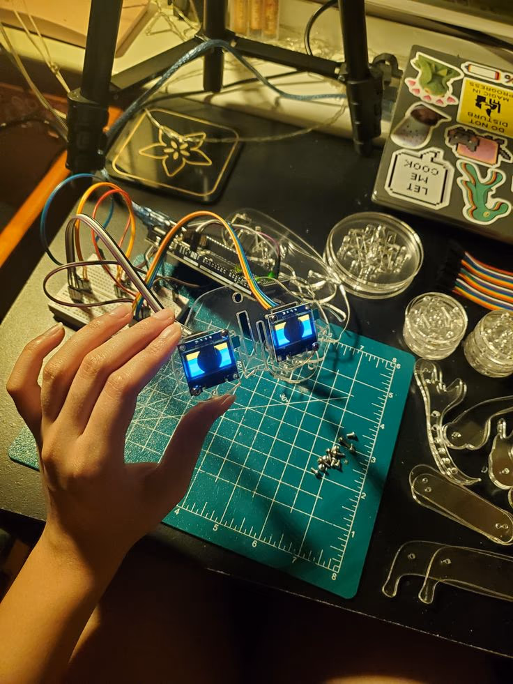 A workbench photographed at night: a hand rests on a green cutting mat ruled in a grid with inch markings, holding a laser-cut acrylic frame that carries two small OLED panels glowing blue. Ribbon wire runs back to a breadboard, and trays of LEDs, cut acrylic parts and a sticker-covered case fill the desk around it.