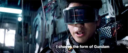 A short looping clip from Ready Player One: a close-up of a character in a wraparound VR visor, the visor’s dark display flaring orange with kanji as he speaks, subtitled along the bottom of the frame.