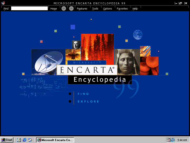 The Microsoft Encarta Encyclopedia 99 splash screen inside a Windows 98 window: a deep blue field scattered with small solid squares, a collage of photo thumbnails behind the ENCARTA wordmark plate, an outlined 99, and a two-item FIND / EXPLORE list.