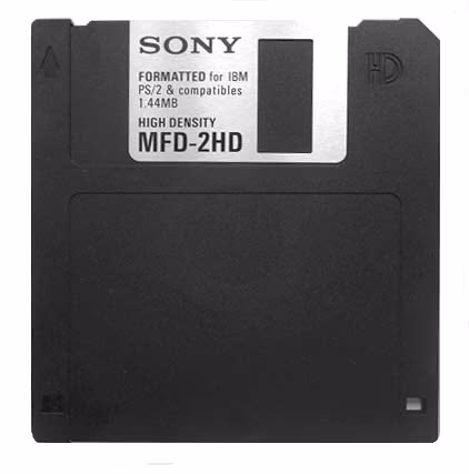 A black Sony MFD-2HD 3.5-inch floppy disk shot square-on against white: the metal shutter across the top, a white label reading FORMATTED for IBM PS/2 & compatibles, 1.44MB, HIGH DENSITY, and the moulded HD mark in the top-right corner.